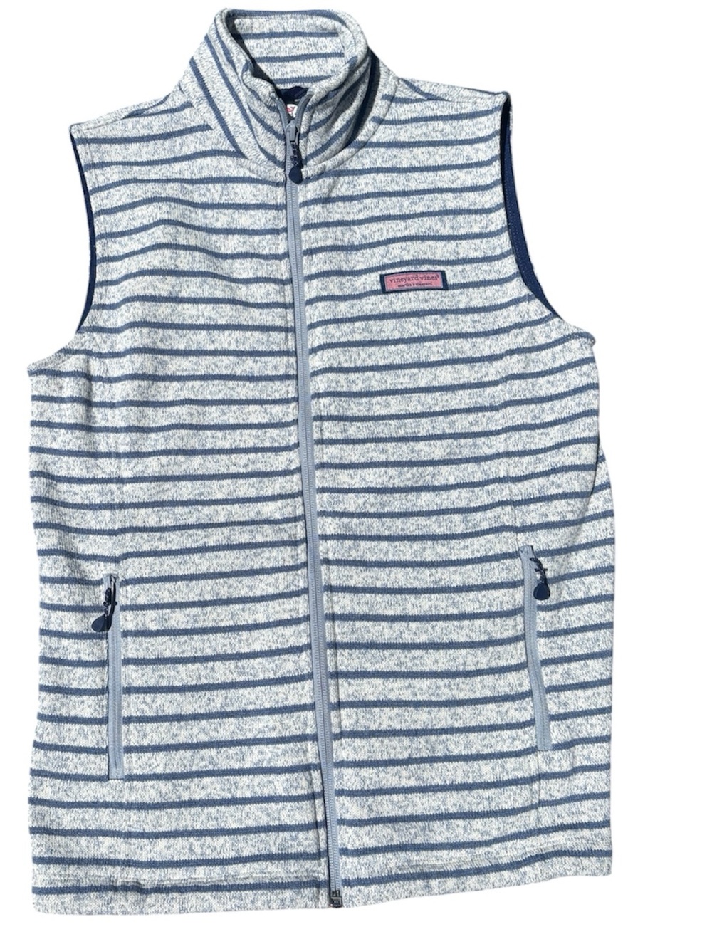 Vineyard Vines striped Harbor fleece sweater vest in a light gray and blue